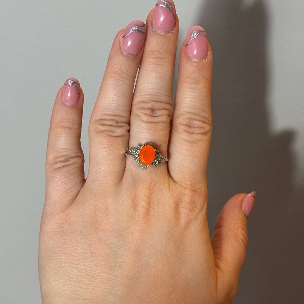 925 Sterling Silver Orange Opal & Emerald Ring, size 8 - Picture 9 of 10
